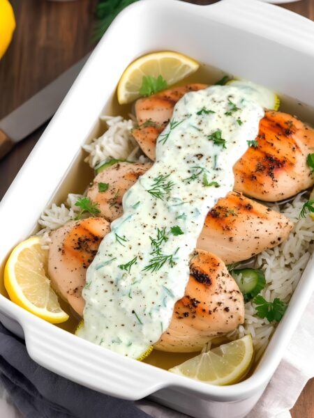 Easy Dump-and-Bake Chicken Tzatziki Rice Recipe