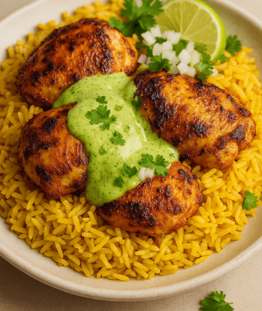 Easy Peruvian Chicken & Rice Recipe with Green Sauce
