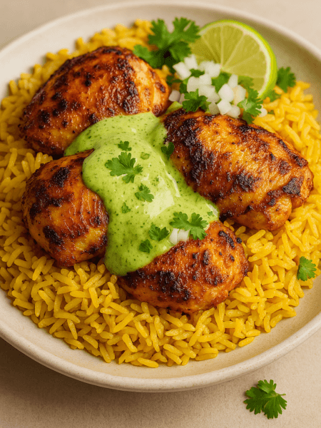 Easy Peruvian Chicken & Rice Recipe with Green Sauce