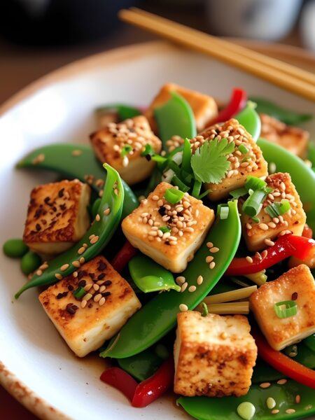 Sesame Tofu with Snap Peas Stir-Fry