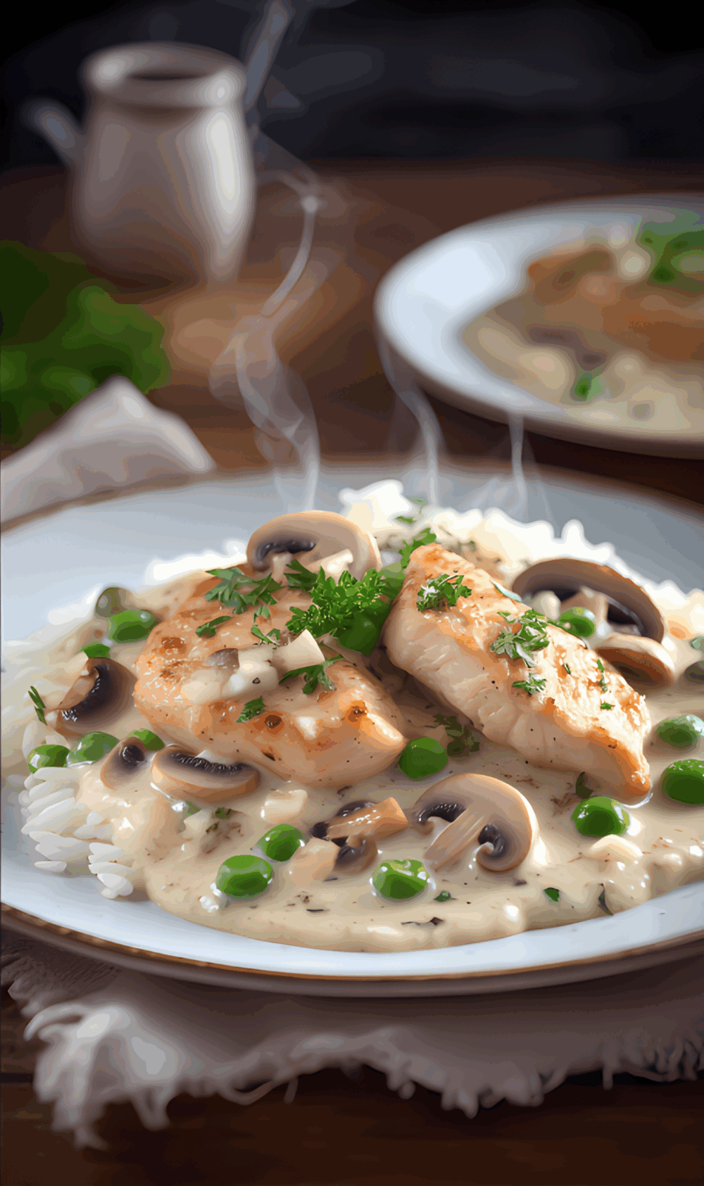 Creamy Chicken with Mushrooms and Peas Over Rice