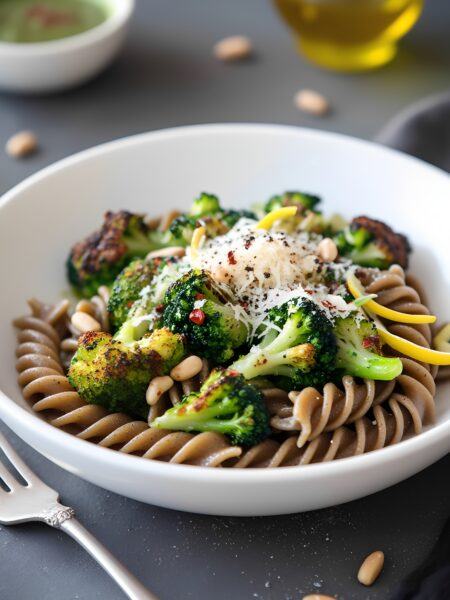 Crisp Roasted Broccoli & Pesto Pasta with Nutty Flair