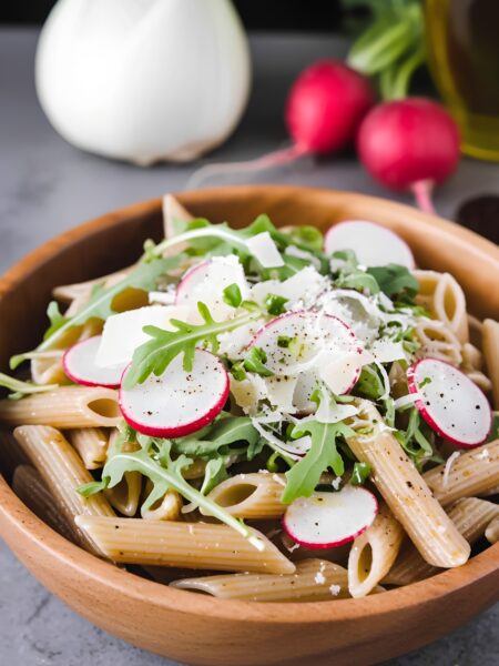 Crisp Whole Grain Pasta with Radish, Arugula and Fennel Salad
