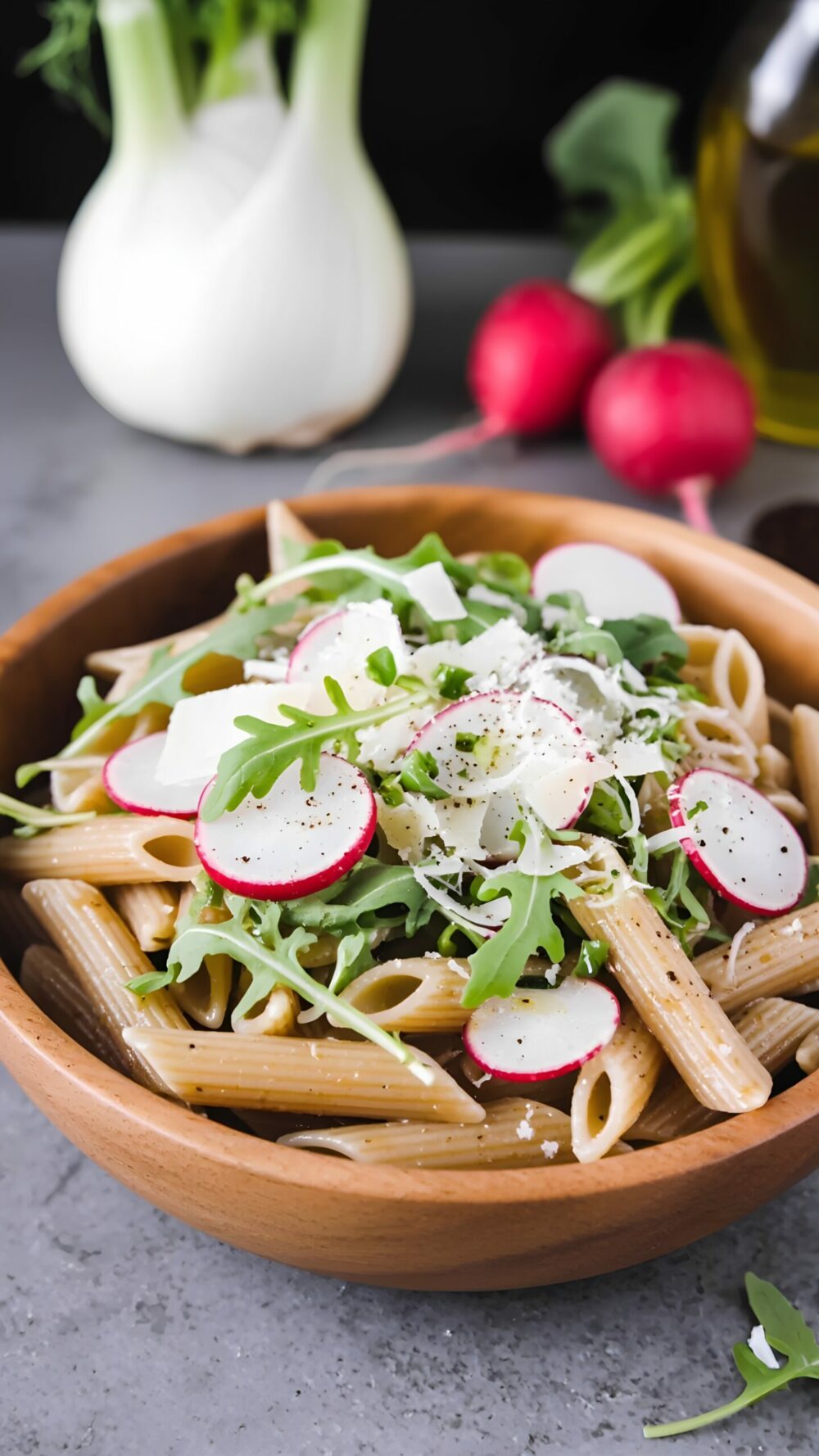 Crisp Whole Grain Pasta with Radish, Arugula and Fennel Salad