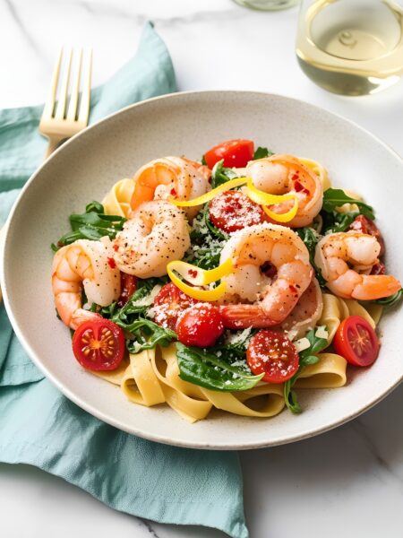 Lively Shrimp, Arugula & Cherry Tomato Pasta Extravaganza