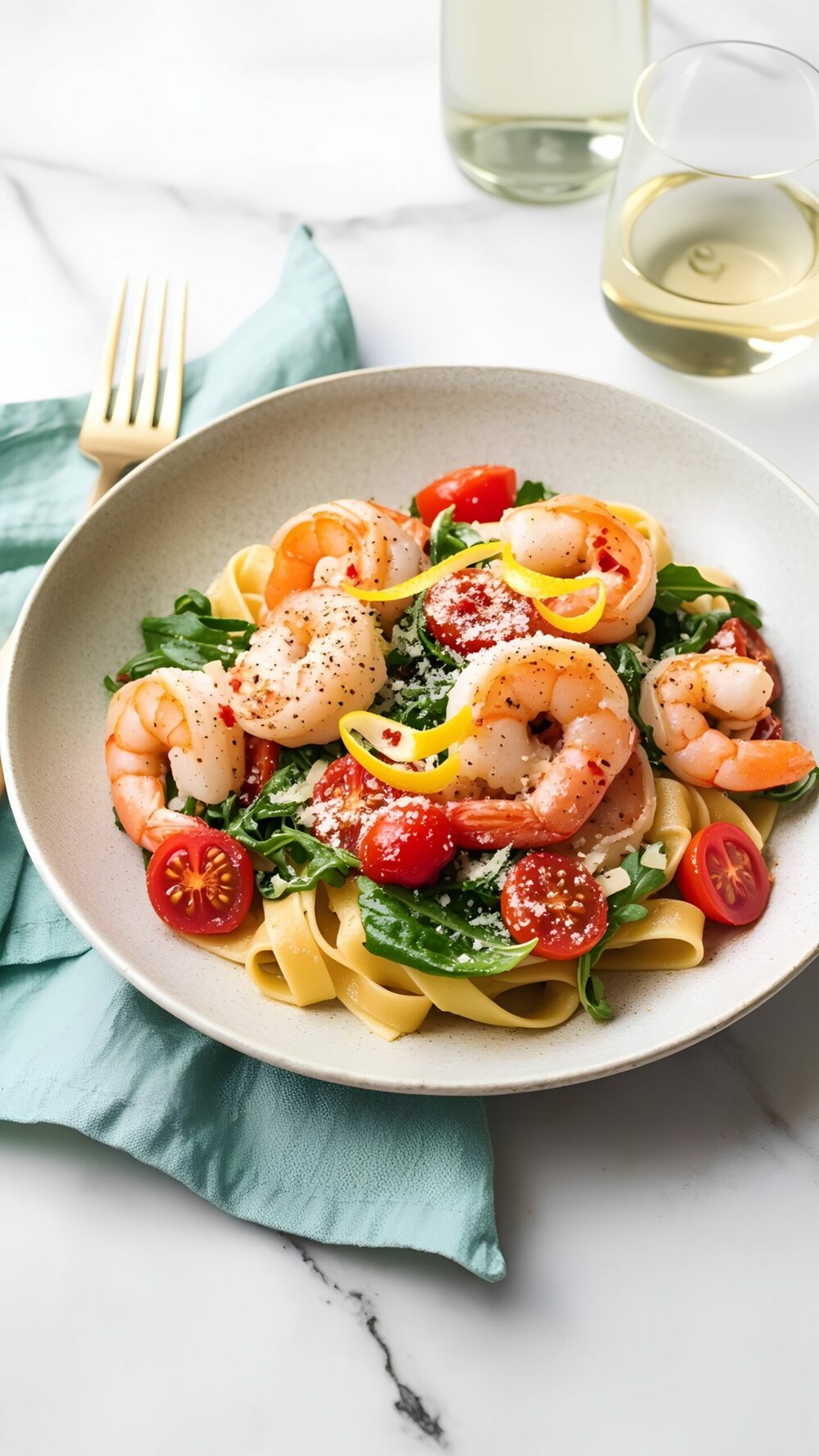 Lively Shrimp, Arugula & Cherry Tomato Pasta Extravaganza