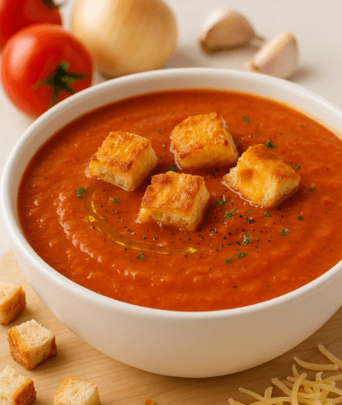 Tomato Soup with Toasted Cheese Crouton Bites
