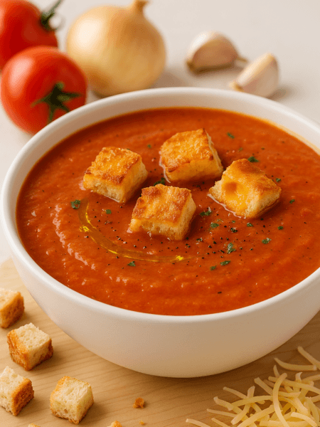 Tomato Soup with Toasted Cheese Crouton Bites