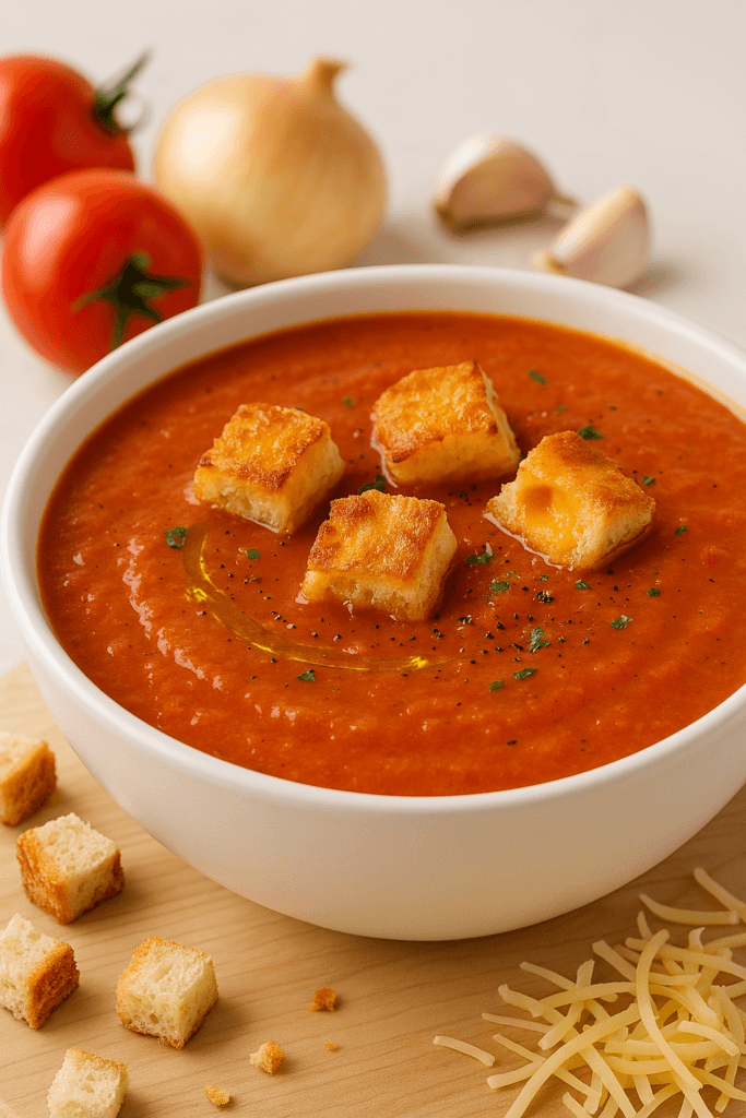Tomato Soup with Toasted Cheese Crouton Bites