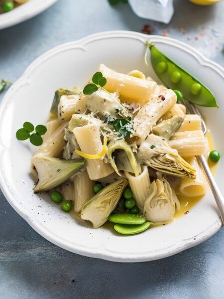 Zesty Garlic Lemon Pasta with Artichokes and Fresh Peas