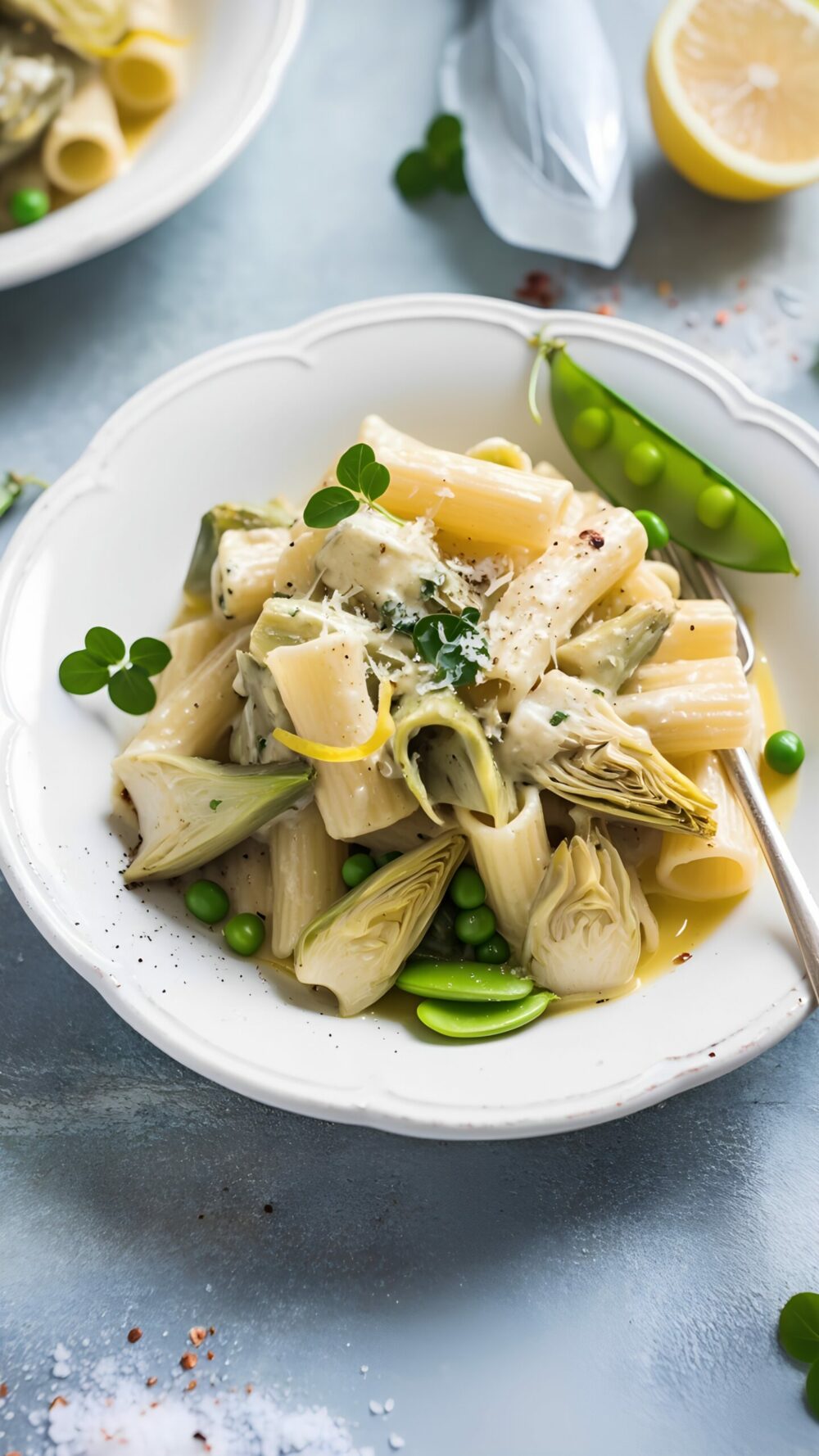 Zesty Garlic Lemon Pasta with Artichokes and Fresh Peas