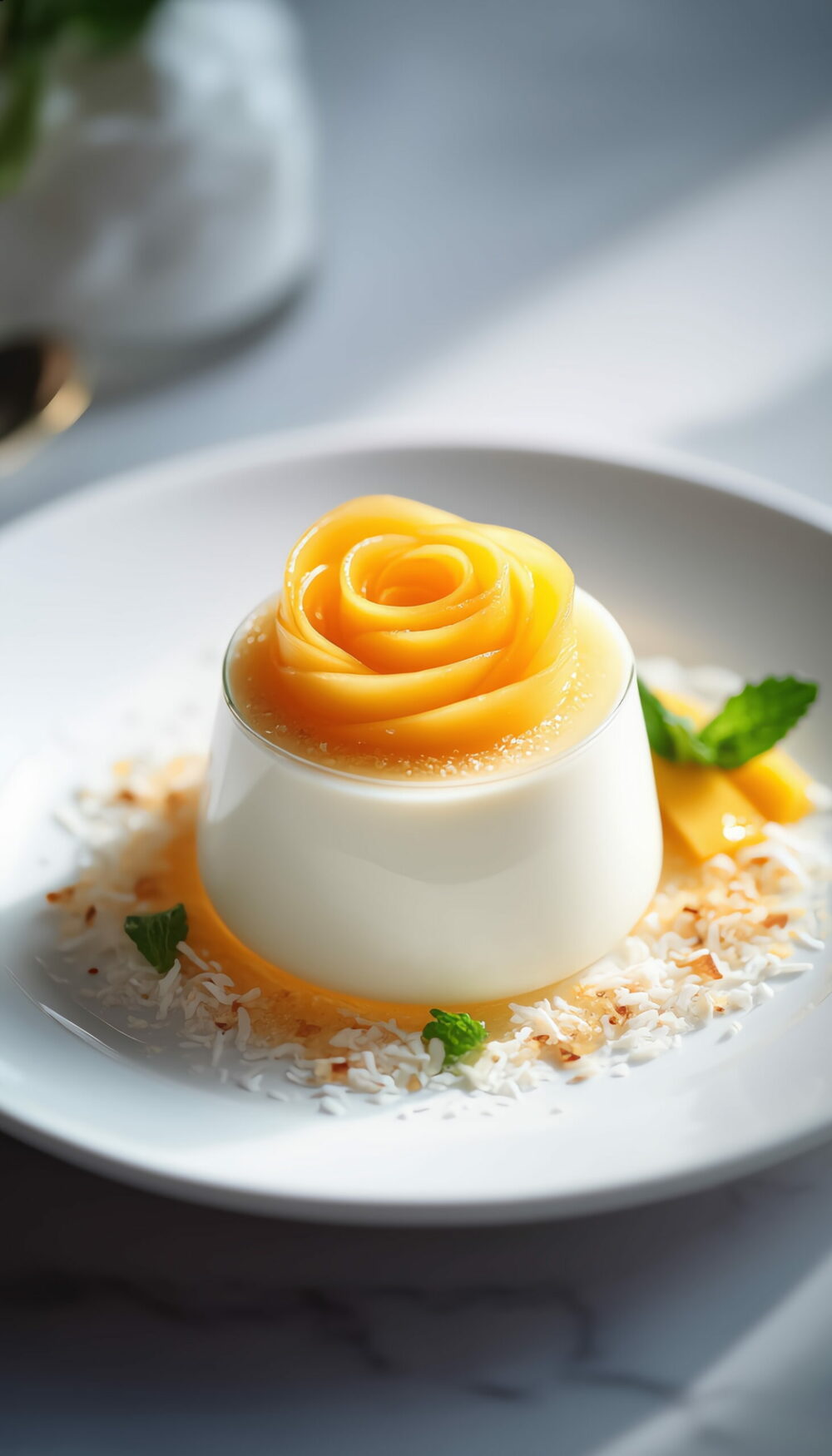 Coconut Yogurt Panna Cotta with Mango Roses for Mom