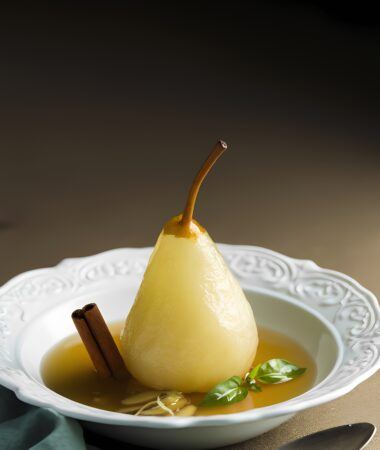 Ginger Poached Pears with Lime Basil Syrup—Elegant Mom Treat