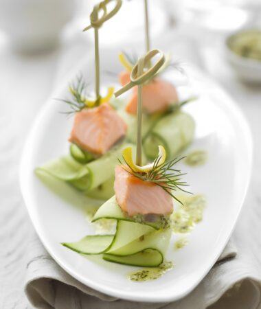Lemon Dill Salmon and Cucumber Ribbon Wedding Skewers