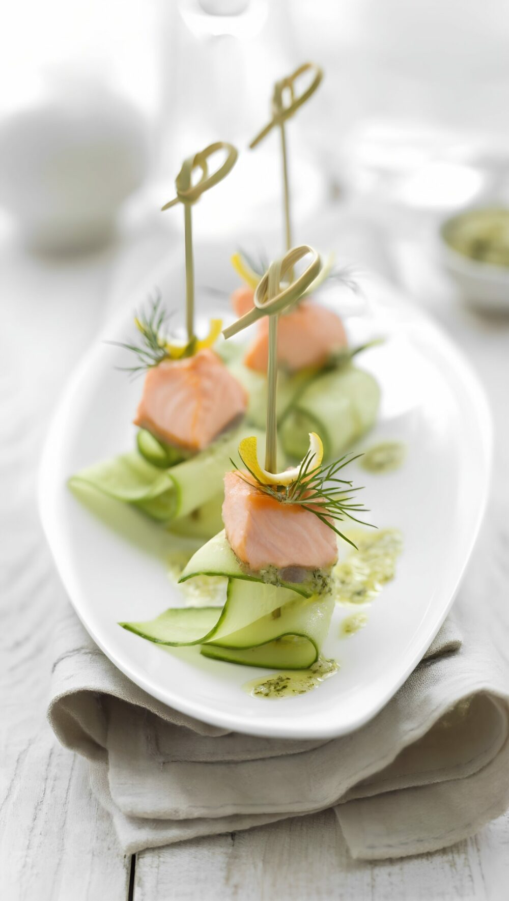 Lemon Dill Salmon and Cucumber Ribbon Wedding Skewers