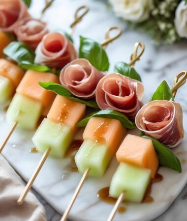 Prosciutto and Melon Wedding Skewers with Fresh Basil