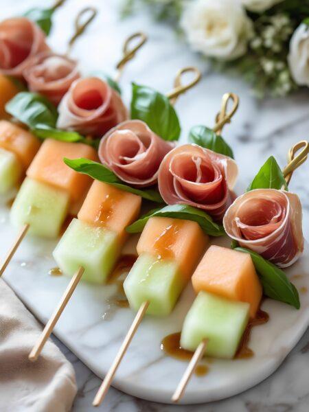 Prosciutto and Melon Wedding Skewers with Fresh Basil