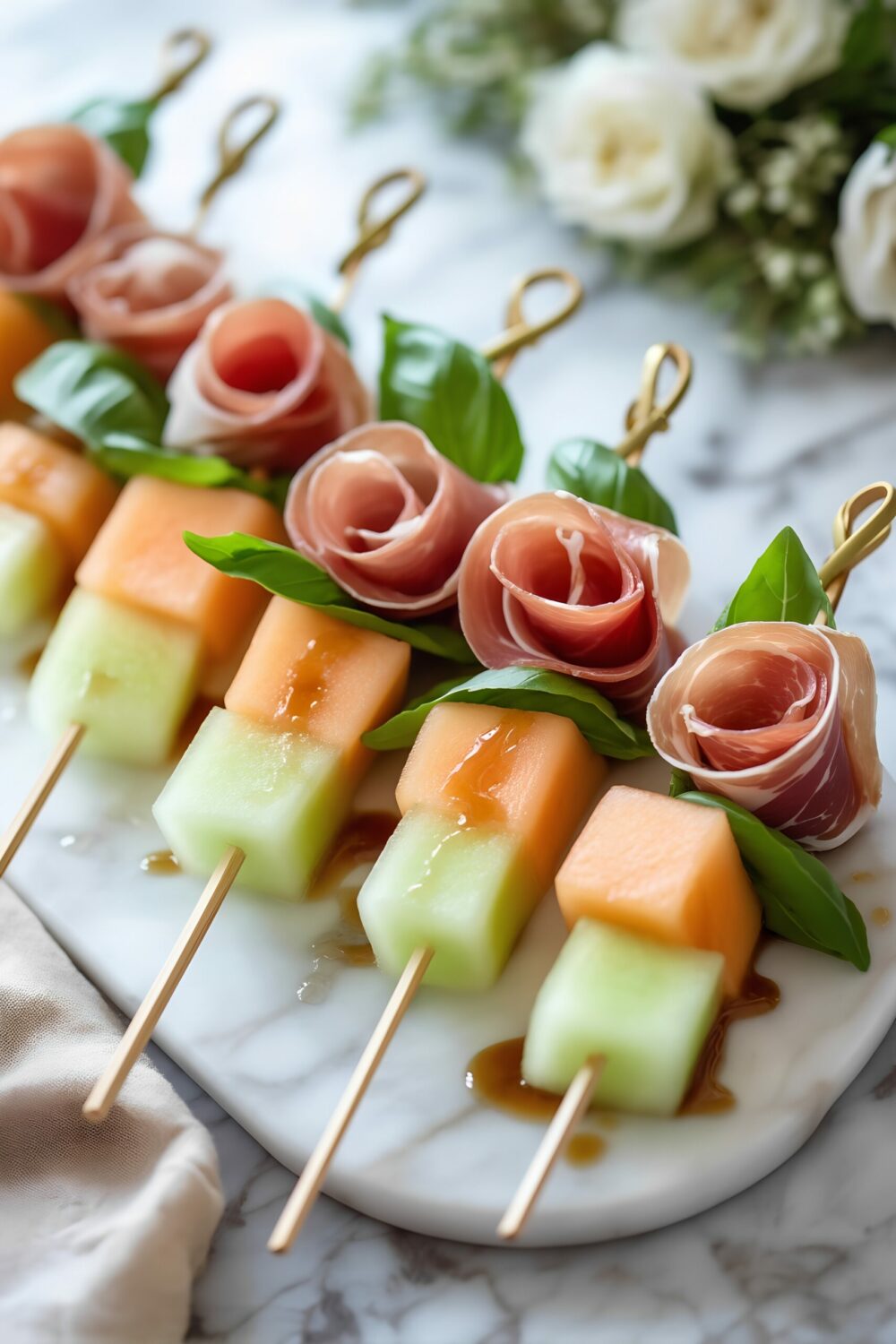 Prosciutto and Melon Wedding Skewers with Fresh Basil