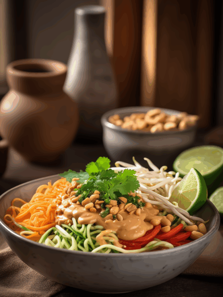 Raw Pad Thai Salad with Crunchy Veggies & Tangy Peanut Sauce
