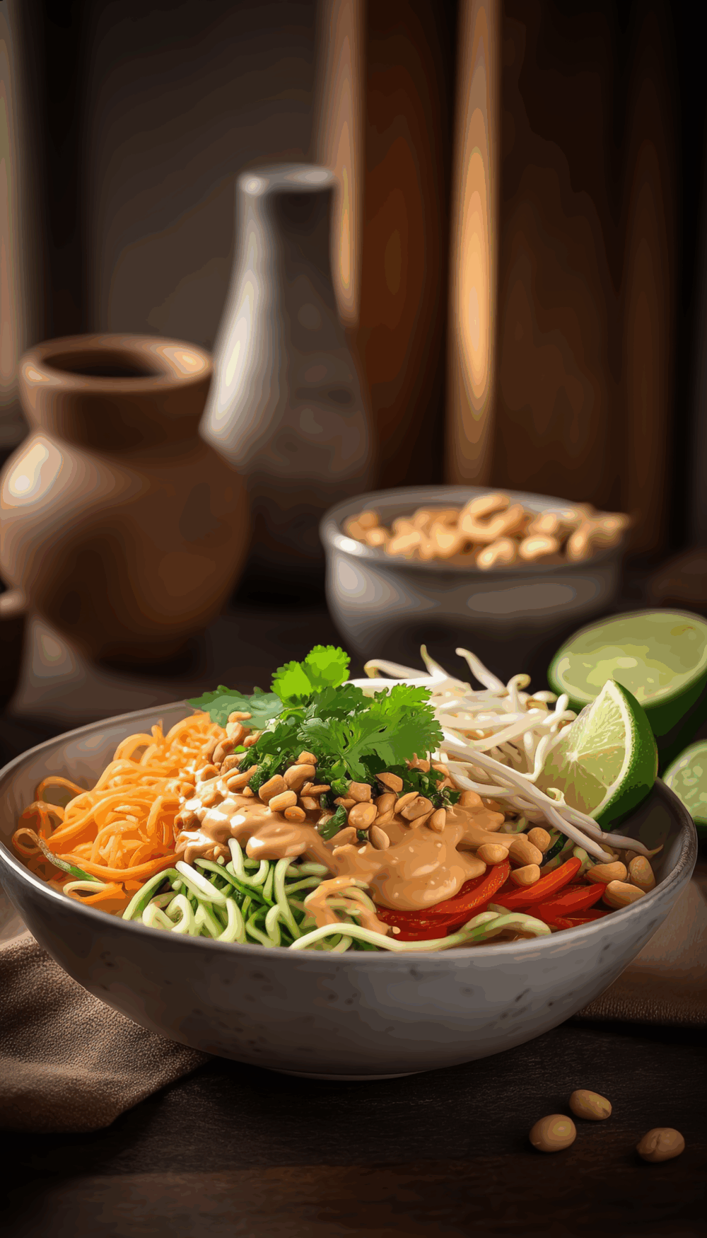 Raw Pad Thai Salad with Crunchy Veggies & Tangy Peanut Sauce