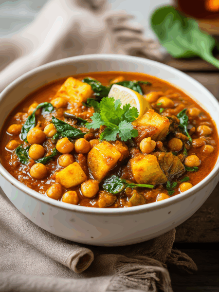 Spiced Eggplant and Chickpea Curry with Fresh Spinach