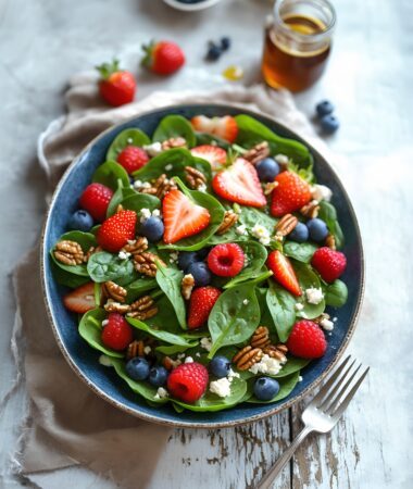 Summer Spinach Salad with Berries, Feta and Maple Vinaigrette