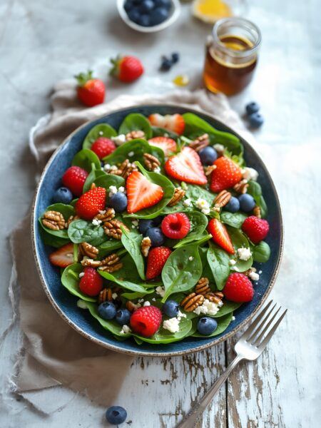 Summer Spinach Salad with Berries, Feta and Maple Vinaigrette