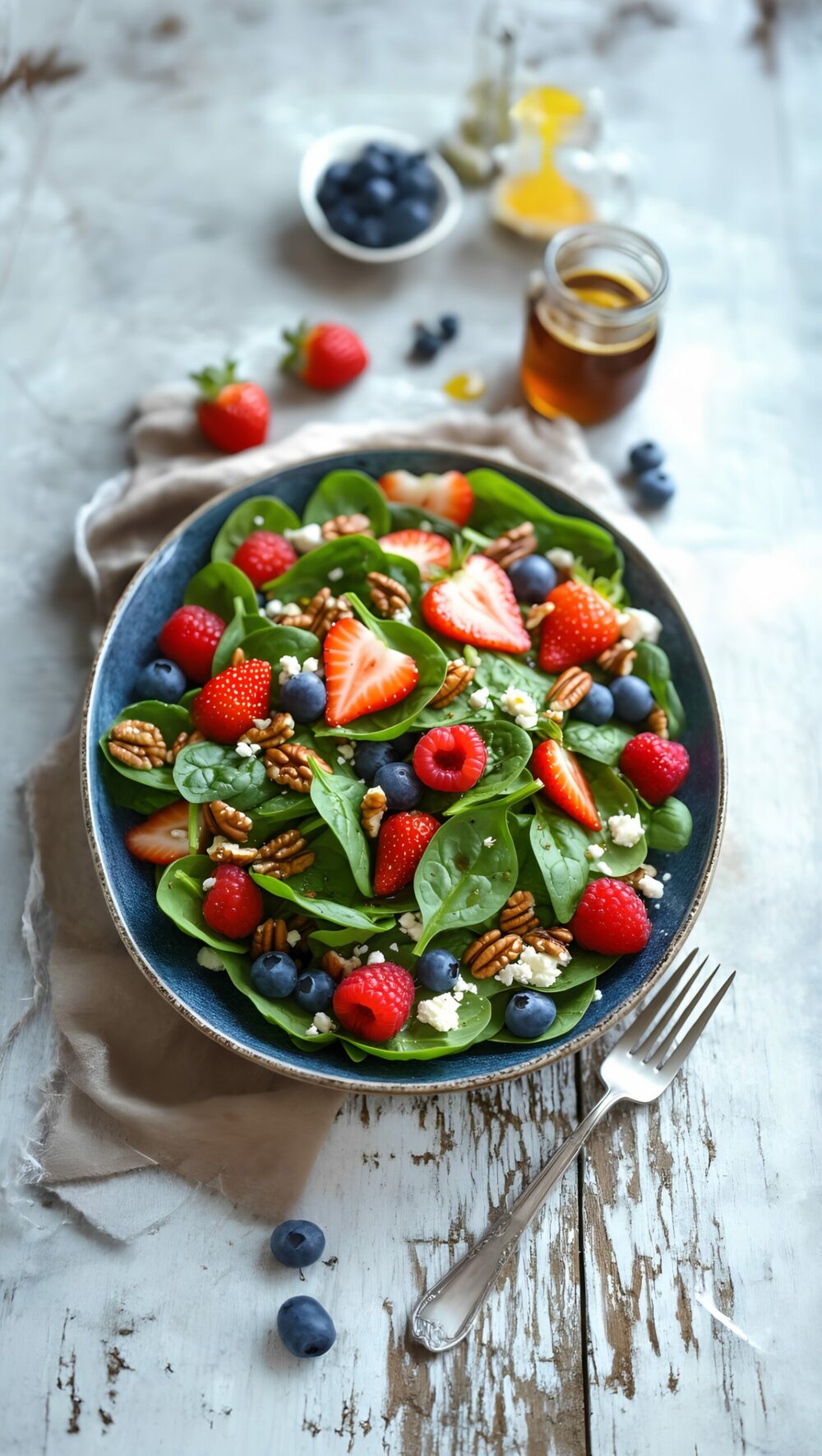 Summer Spinach Salad with Berries, Feta, and Maple Vinaigrette