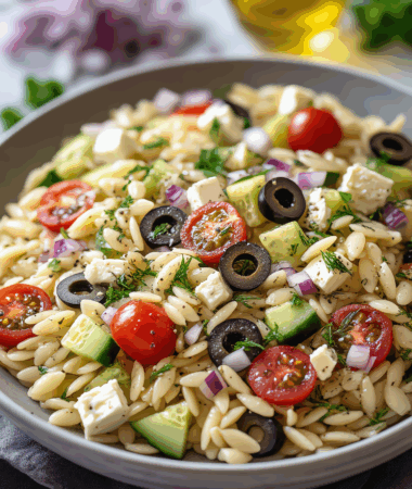 Zesty Greek Orzo Pasta Salad with Feta, Olives & Herbs