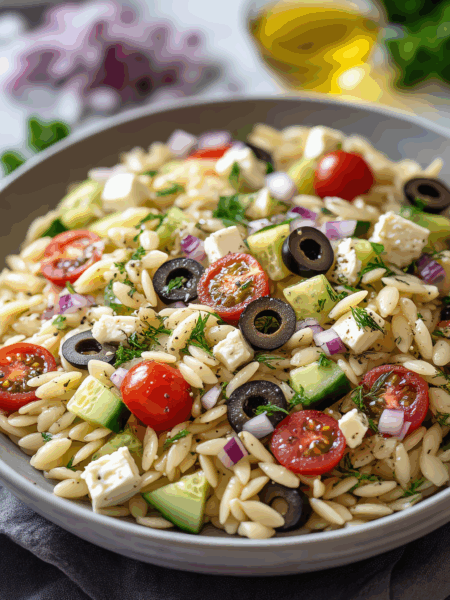 Zesty Greek Orzo Pasta Salad with Feta, Olives & Herbs