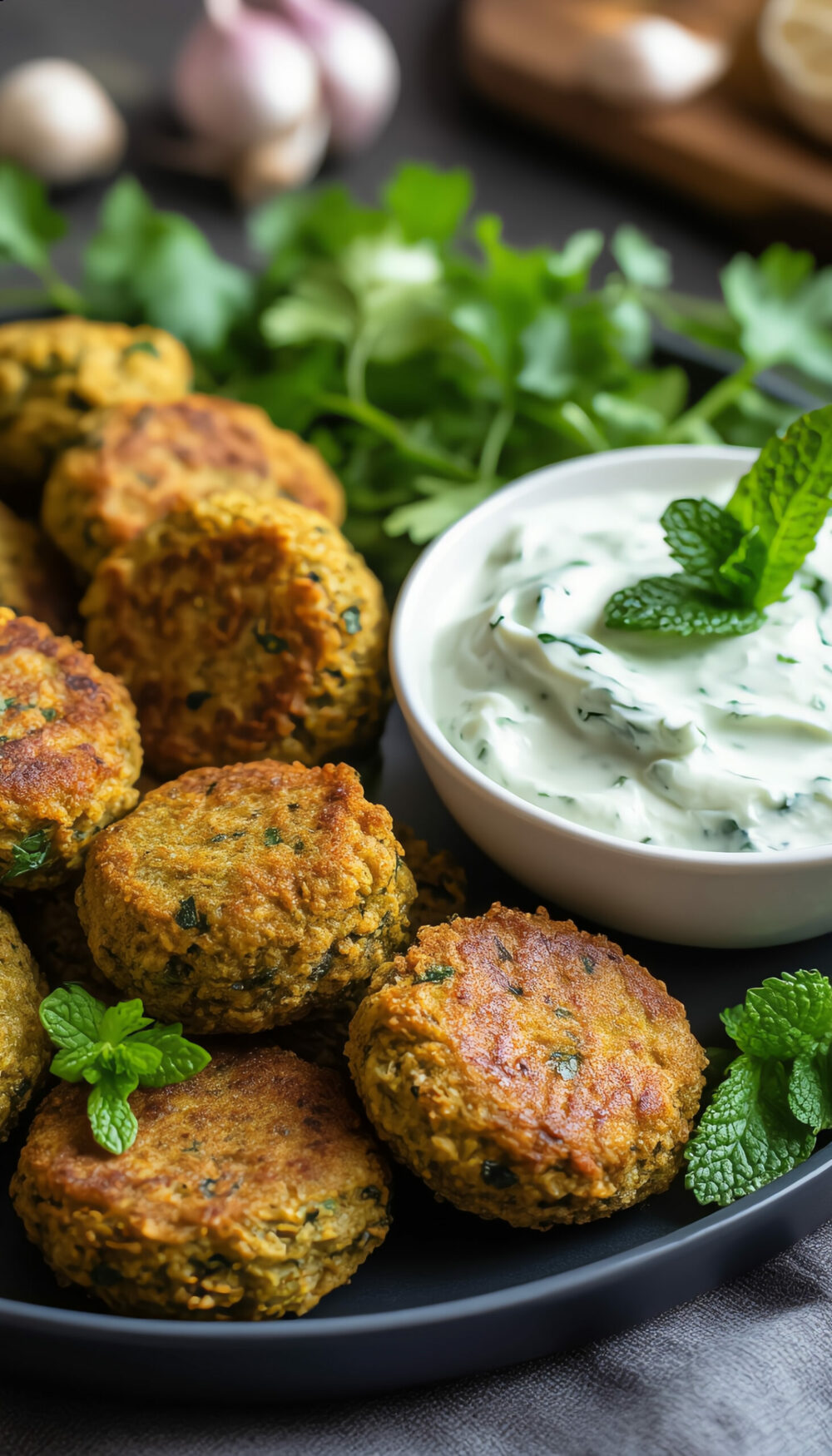 Air-Baked Chickpea Falafel with Mint Greek Yogurt Dip