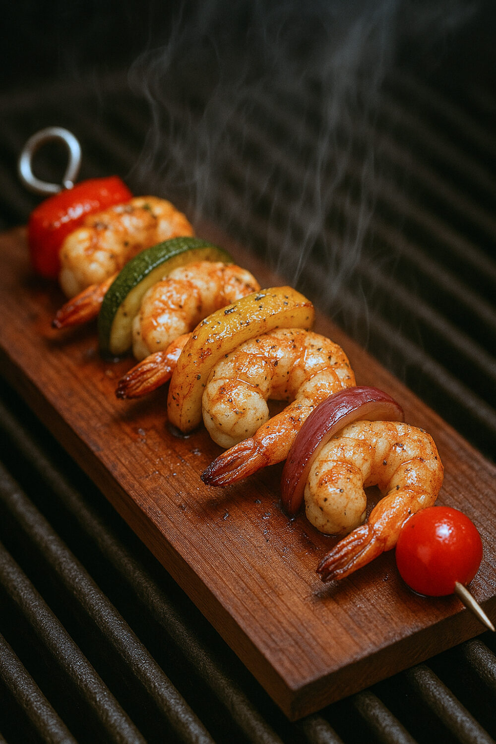 Cedar Citrus Herb Shrimp and Rainbow Veggie Grill Skewers