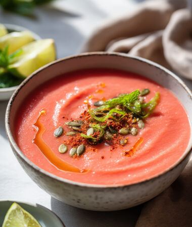 Cool Tomato Watermelon Gazpacho with Chili Lime Crunch