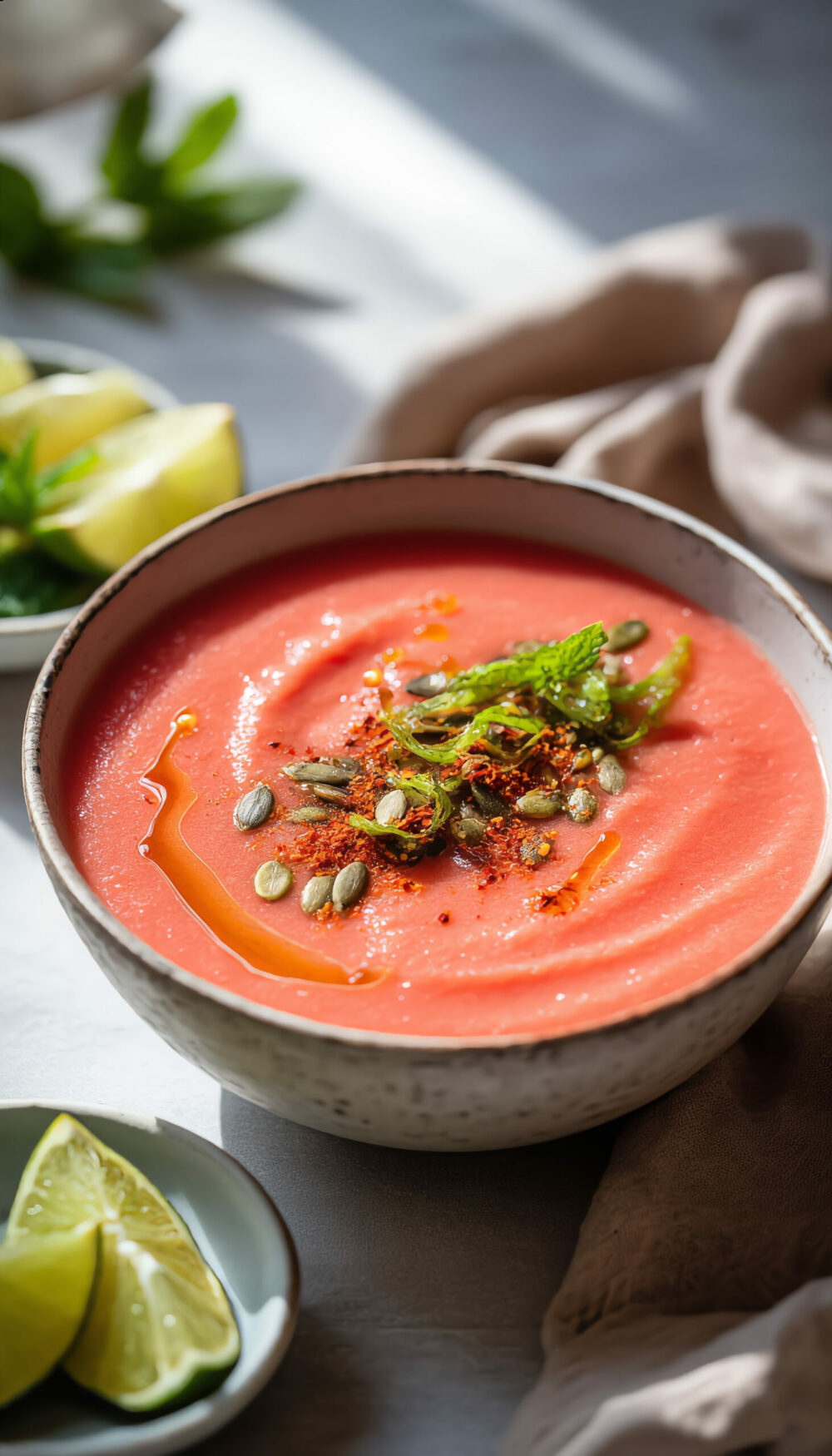 Cool Tomato Watermelon Gazpacho with Chili Lime Crunch