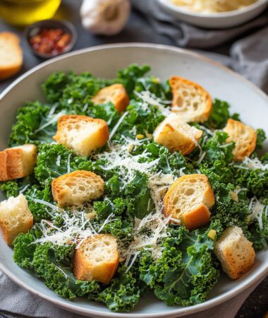 Lemony Kale Salad with Parmesan, Garlic and Crunchy Croutons