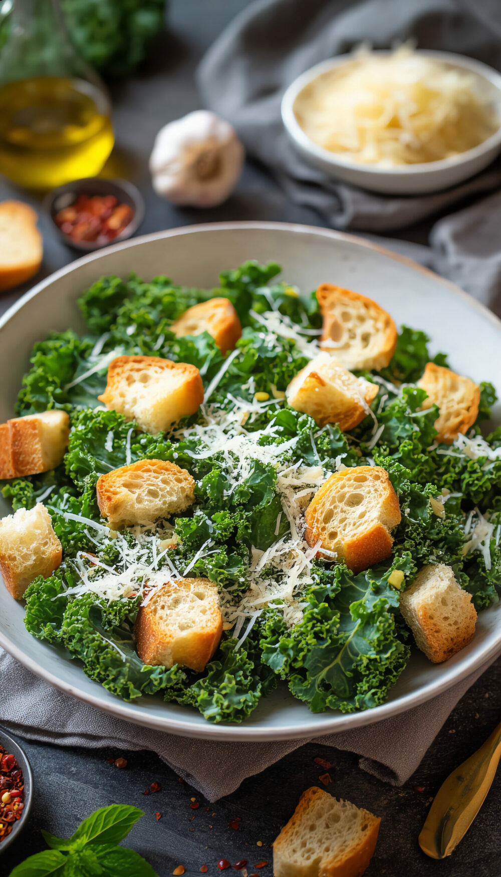 Lemony Kale Salad with Parmesan, Garlic and Crunchy Croutons