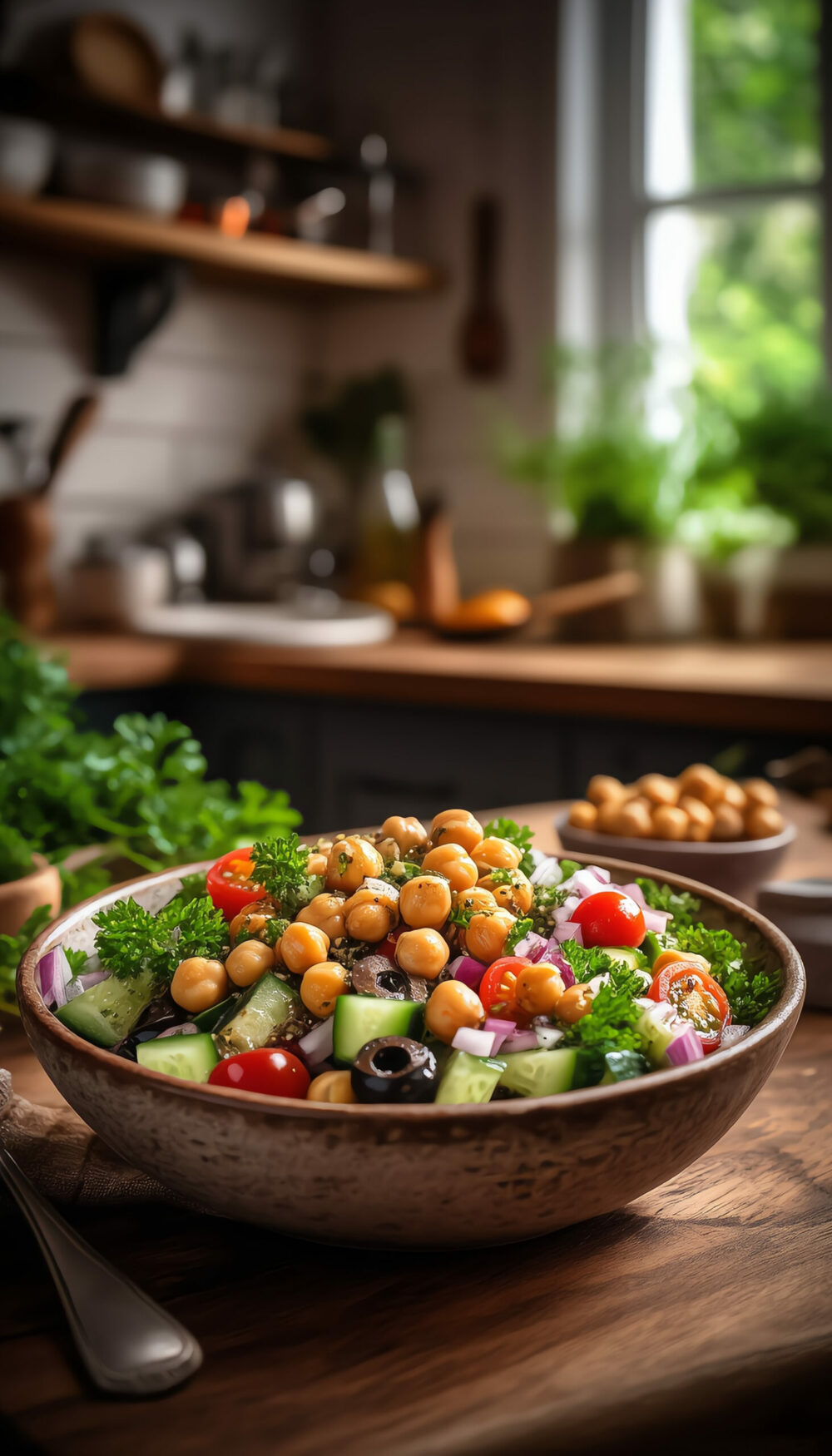 Mediterranean Chickpea Salad with Cucumber, Tomato and Herbs