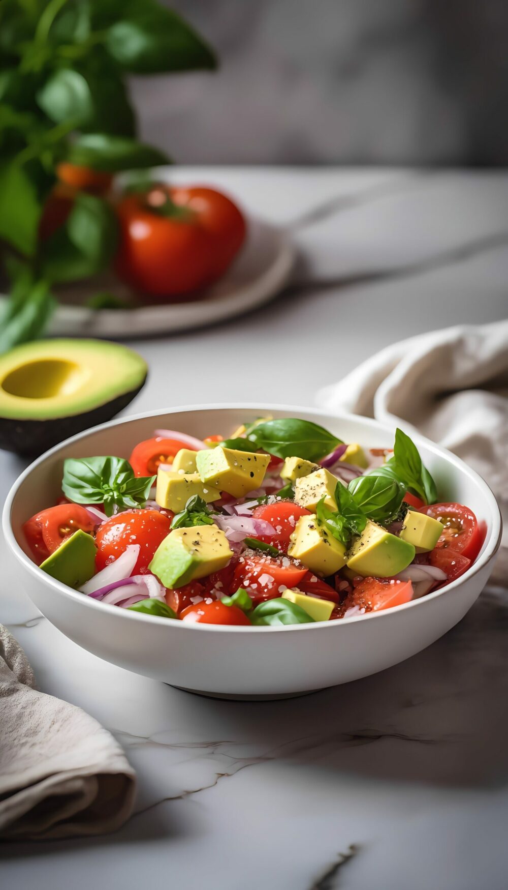 Tomato Avocado Salad with Red Onion, Basil and Olive Oil