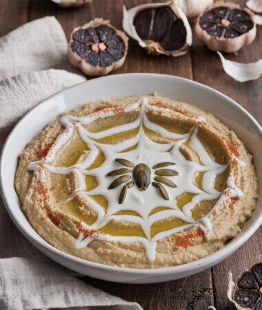 Black Garlic Hummus with Pumpkin-Seed Spiderweb Dip