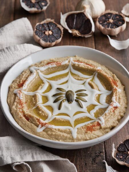 Black Garlic Hummus with Pumpkin-Seed Spiderweb Dip