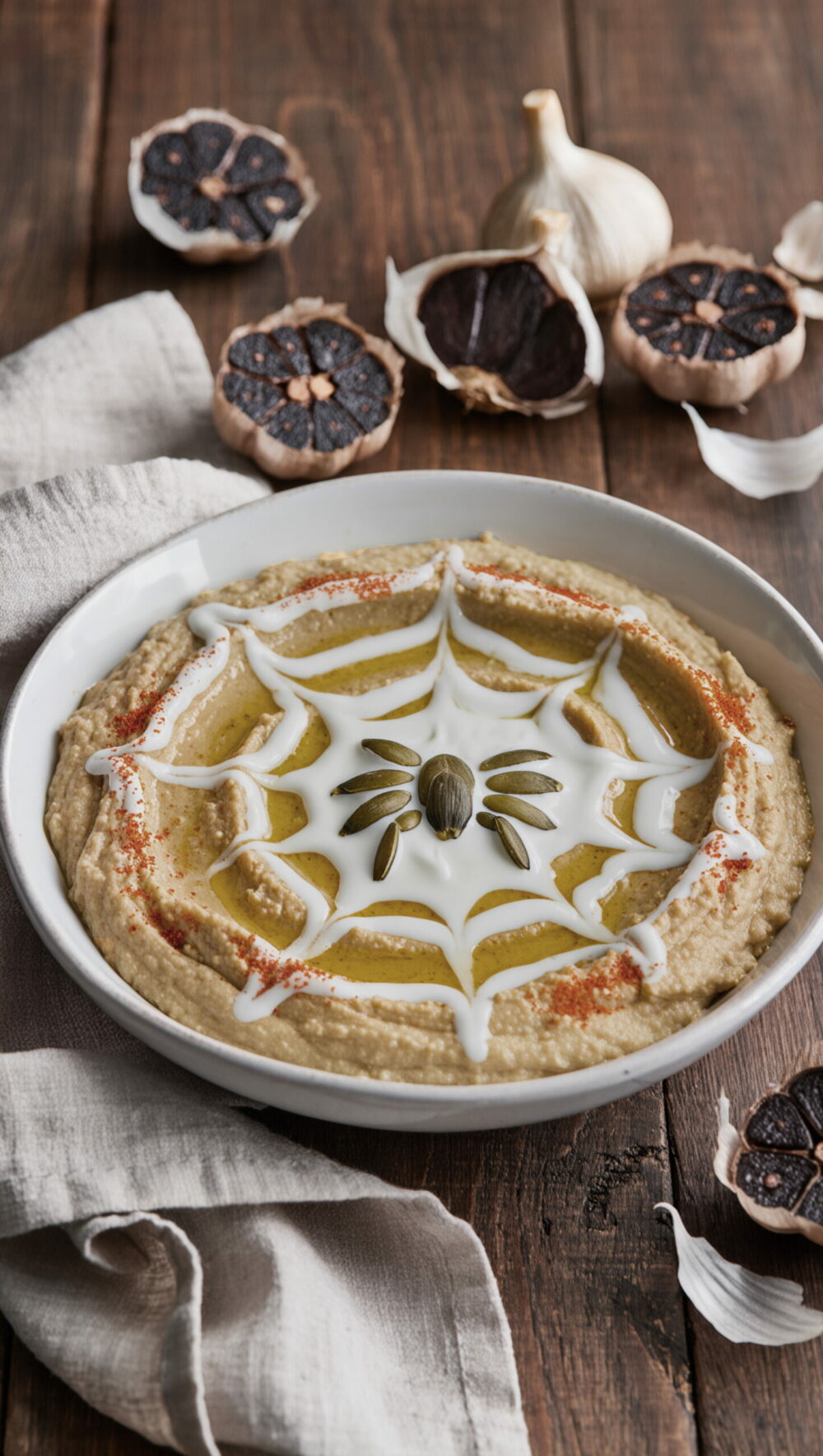Black Garlic Hummus with Pumpkin-Seed Spiderweb Dip