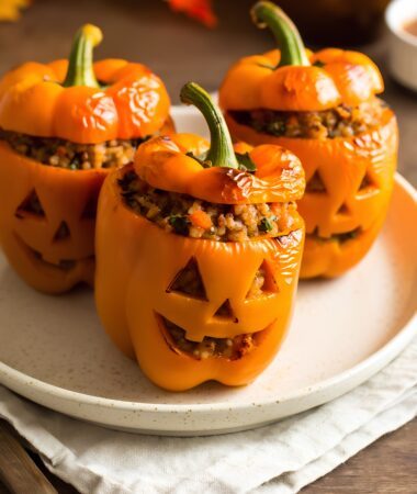 Jack-O’-Lantern Stuffed Peppers – Turkey and Brown Rice
