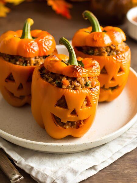 Jack-O’-Lantern Stuffed Peppers – Turkey and Brown Rice