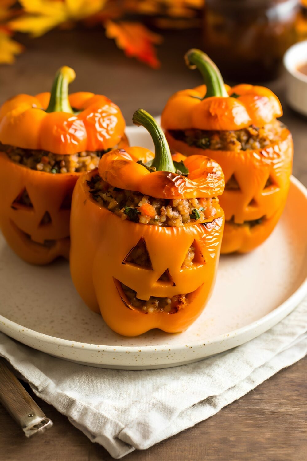 Jack-O’-Lantern Stuffed Peppers – Turkey and Brown Rice