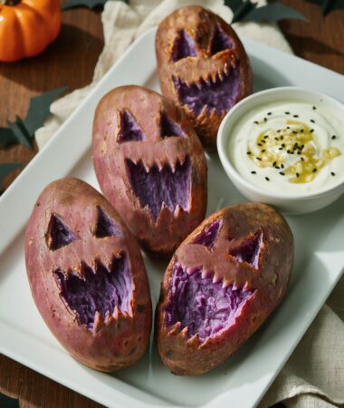 Roasted Purple Sweet Potato Heads with Miso Yogurt