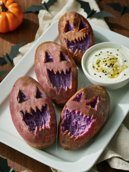 Roasted Purple Sweet Potato Heads with Miso Yogurt