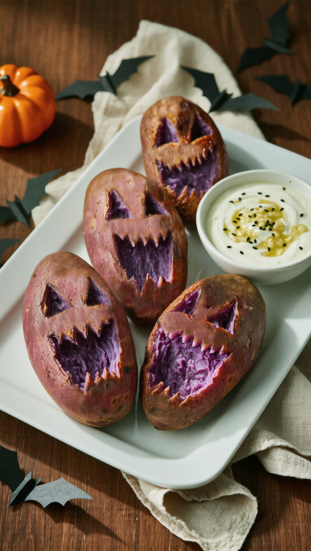 Roasted Purple Sweet Potato Heads with Miso Yogurt