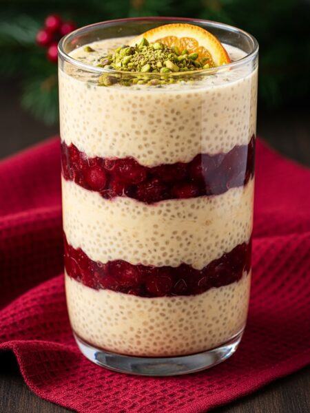 Cranberry-Orange Chia Pudding with Pistachio Snowflakes