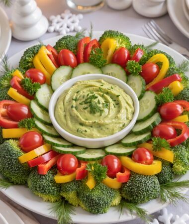 Fresh Veggie Christmas Wreath with Avocado Ranch Dip