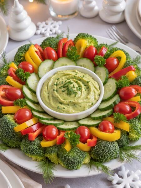 Fresh Veggie Christmas Wreath with Avocado Ranch Dip